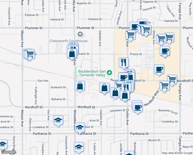 map of restaurants, bars, coffee shops, grocery stores, and more near 9121 Oakdale Avenue in Los Angeles