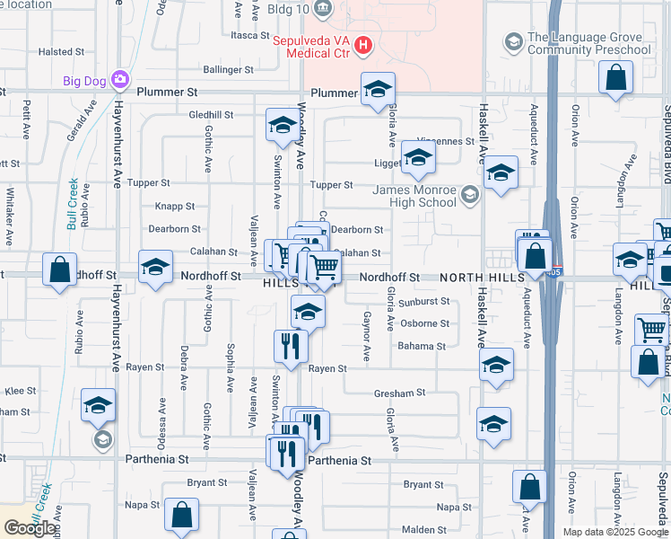 map of restaurants, bars, coffee shops, grocery stores, and more near 16117 Nordhoff Street in Los Angeles