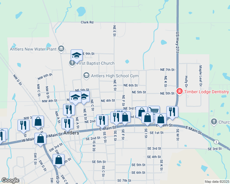 map of restaurants, bars, coffee shops, grocery stores, and more near 599 NE 5th St in Antlers