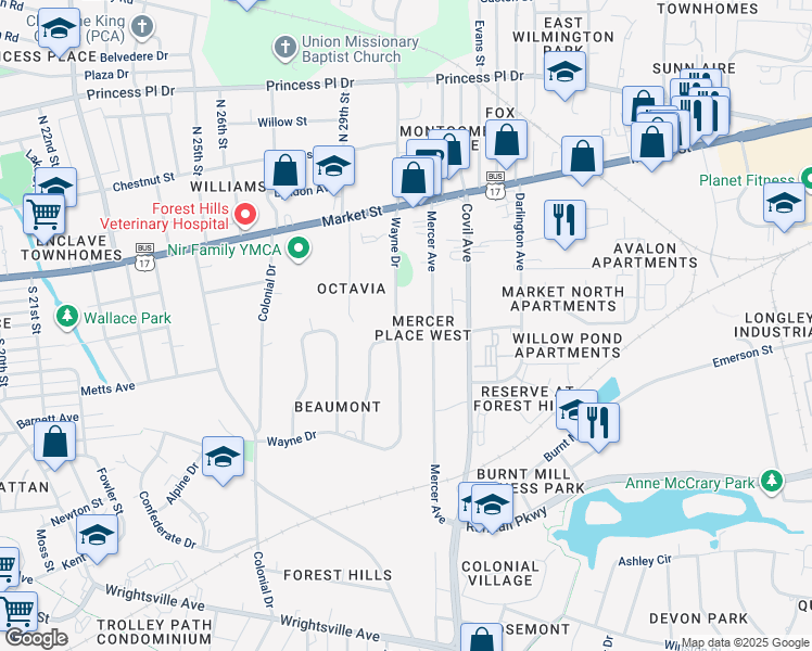 map of restaurants, bars, coffee shops, grocery stores, and more near 201 Wayne Drive in Wilmington