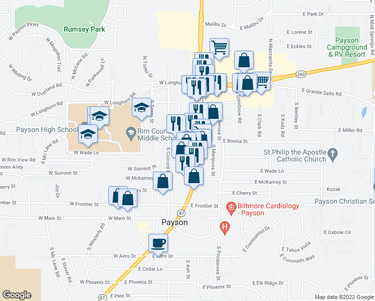 map of restaurants, bars, coffee shops, grocery stores, and more near 414 South Beeline Highway in Payson