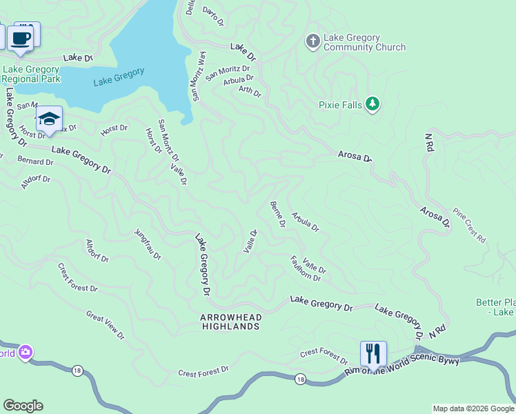 map of restaurants, bars, coffee shops, grocery stores, and more near 962 Balfrin Drive in Crestline