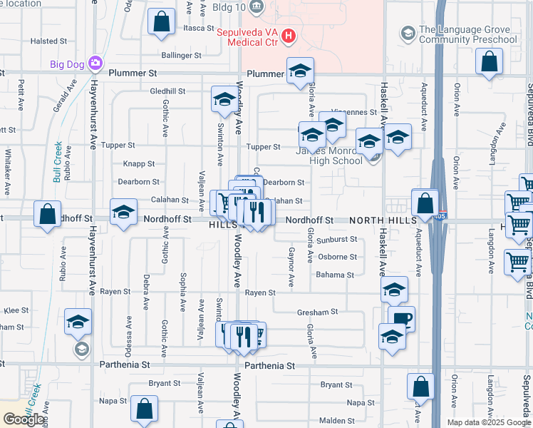map of restaurants, bars, coffee shops, grocery stores, and more near 16117 Nordhoff Street in Los Angeles