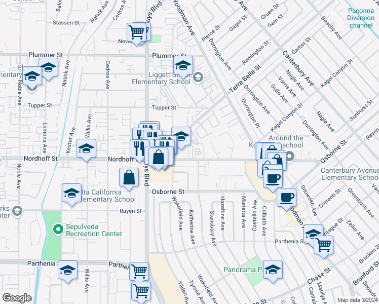 map of restaurants, bars, coffee shops, grocery stores, and more near 9114 North Nilo Lane in Los Angeles