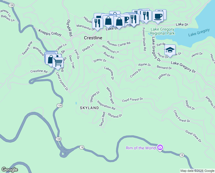 map of restaurants, bars, coffee shops, grocery stores, and more near 969 Mercury Way in Crestline