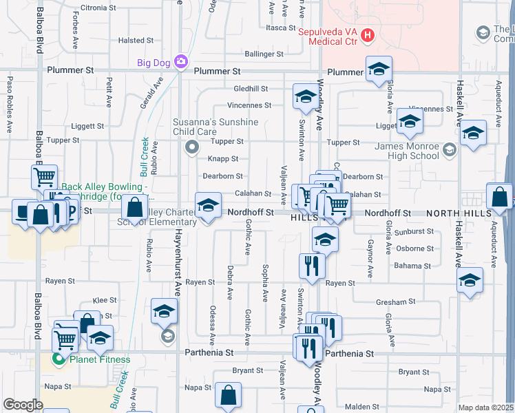 map of restaurants, bars, coffee shops, grocery stores, and more near 16345 Nordhoff Street in Los Angeles