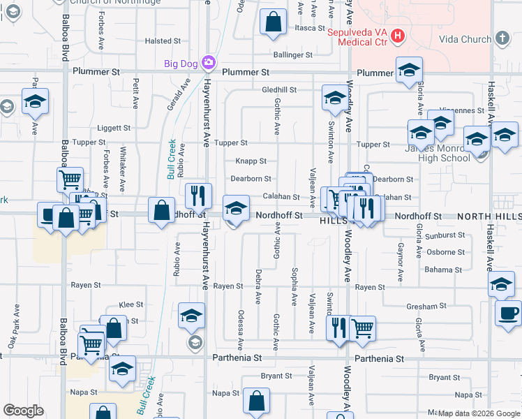 map of restaurants, bars, coffee shops, grocery stores, and more near 16427 Nordhoff Street in Los Angeles