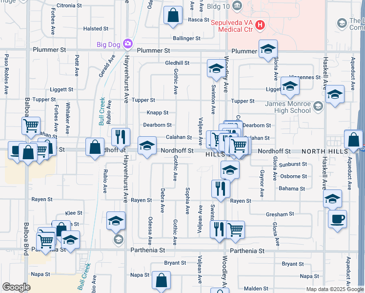 map of restaurants, bars, coffee shops, grocery stores, and more near 16345 Nordhoff Street in Los Angeles