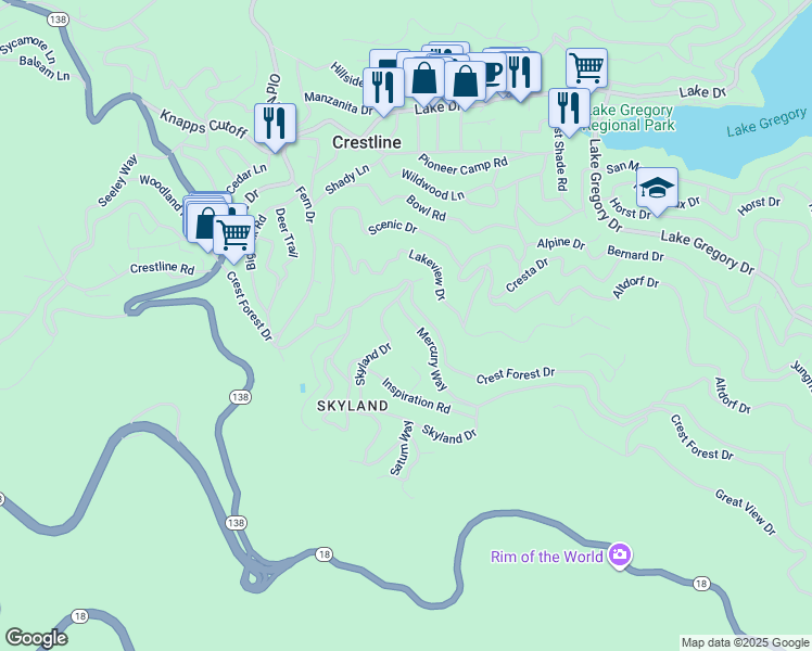 map of restaurants, bars, coffee shops, grocery stores, and more near 956 Mercury Way in Crestline
