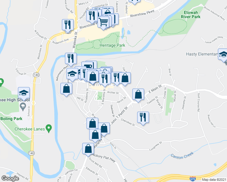 map of restaurants, bars, coffee shops, grocery stores, and more near 270 Archer Street in Canton