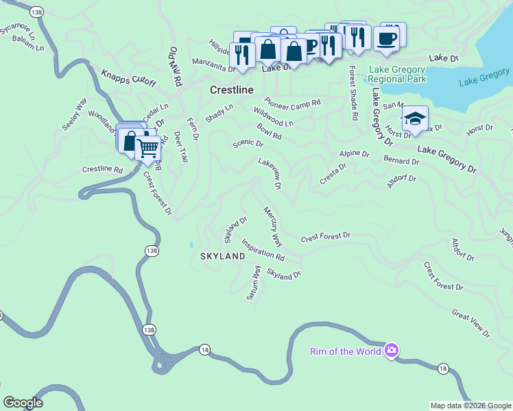 map of restaurants, bars, coffee shops, grocery stores, and more near 956 Mercury Way in Crestline