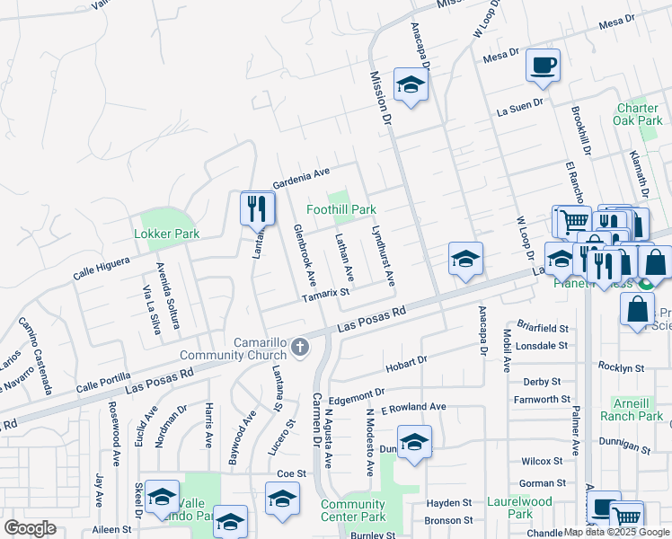 map of restaurants, bars, coffee shops, grocery stores, and more near 1827 Lathan Avenue in Camarillo