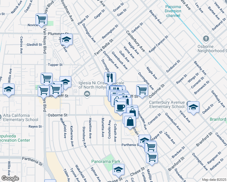 map of restaurants, bars, coffee shops, grocery stores, and more near 9116 Woodman Avenue in Los Angeles