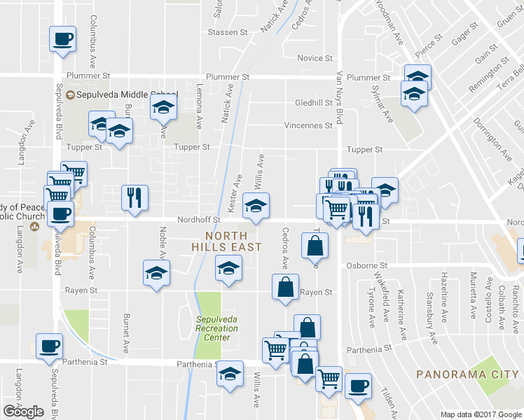 map of restaurants, bars, coffee shops, grocery stores, and more near 14800 Nordhoff Street in Los Angeles