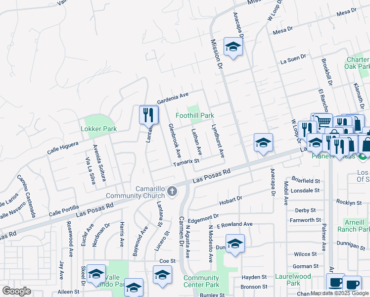 map of restaurants, bars, coffee shops, grocery stores, and more near 192 Glenbrook Avenue in Camarillo
