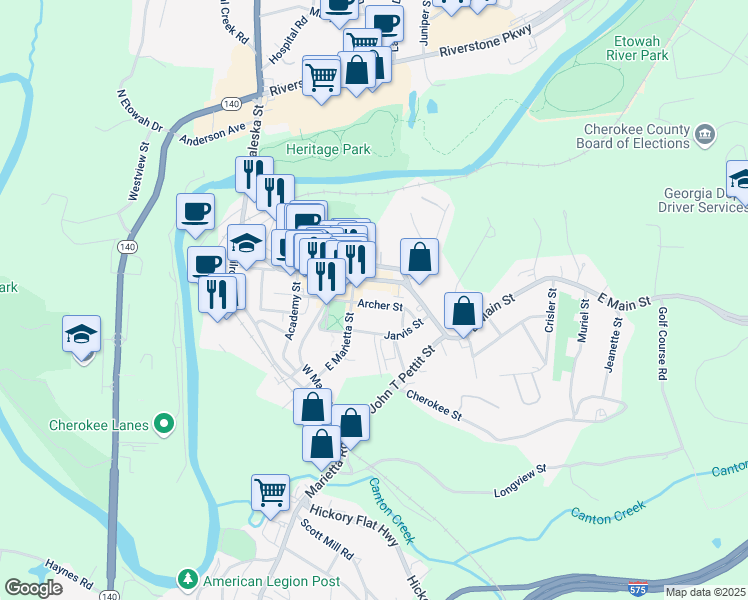 map of restaurants, bars, coffee shops, grocery stores, and more near 230 Archer Street in Canton