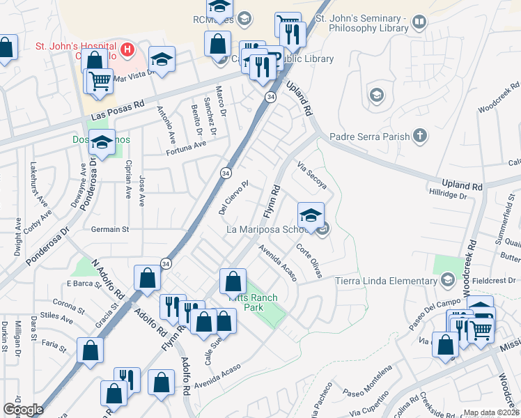 map of restaurants, bars, coffee shops, grocery stores, and more near 1956 Santo Domingo in Camarillo