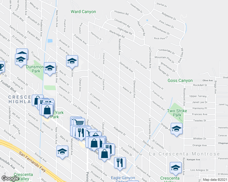 map of restaurants, bars, coffee shops, grocery stores, and more near 3016 Orange Avenue in La Crescenta-Montrose