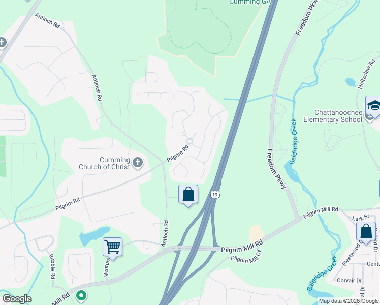 map of restaurants, bars, coffee shops, grocery stores, and more near 2515 Mayfair Drive in Cumming