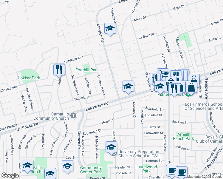 map of restaurants, bars, coffee shops, grocery stores, and more near 107 Mission Drive in Camarillo