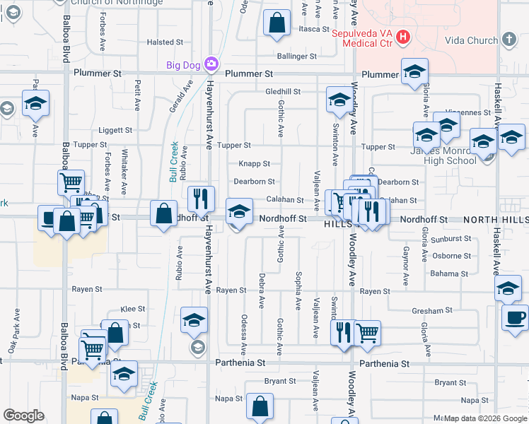 map of restaurants, bars, coffee shops, grocery stores, and more near 16427 Nordhoff Street in Los Angeles