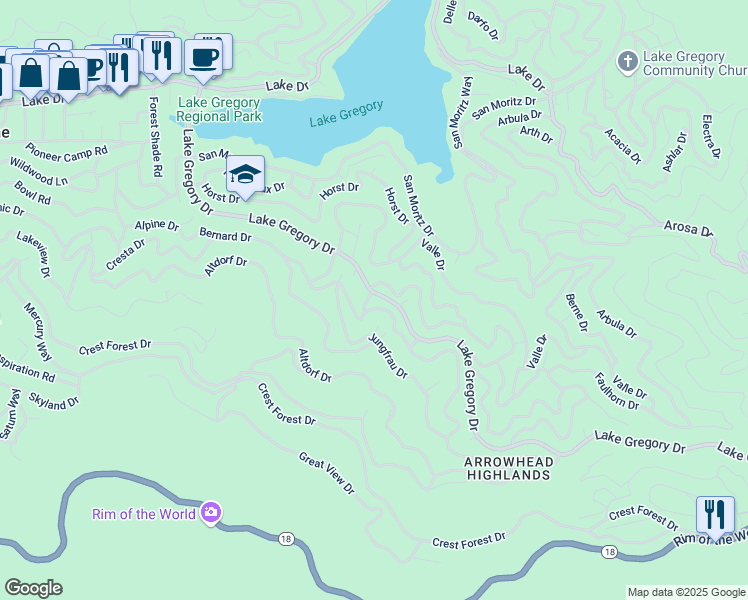 map of restaurants, bars, coffee shops, grocery stores, and more near 24493 Geneva Drive in Crestline