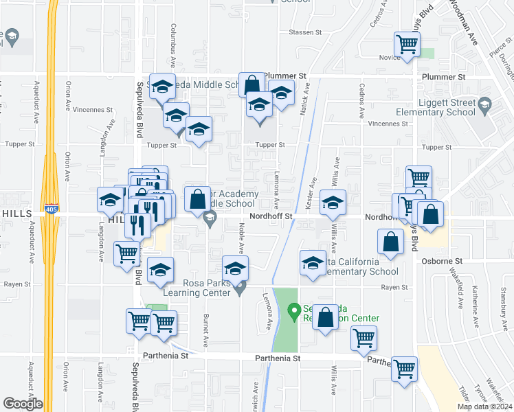map of restaurants, bars, coffee shops, grocery stores, and more near 15035 Nordhoff Street in Los Angeles
