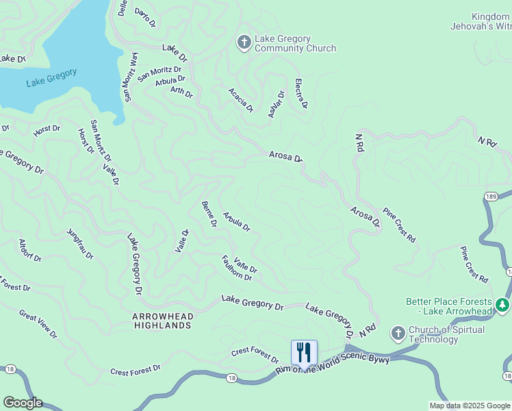map of restaurants, bars, coffee shops, grocery stores, and more near Basel Drive in Crestline