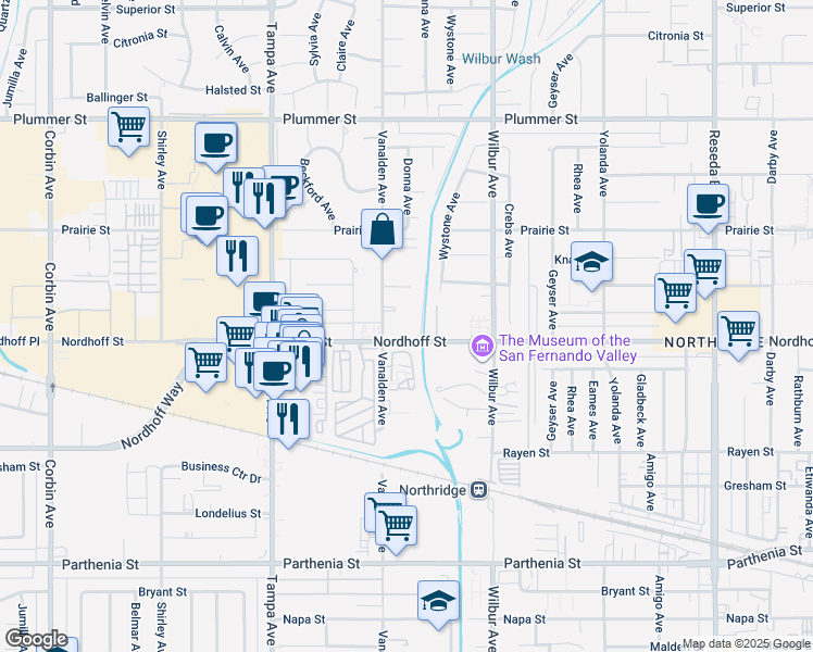 map of restaurants, bars, coffee shops, grocery stores, and more near 19039 Nordhoff Street in Los Angeles