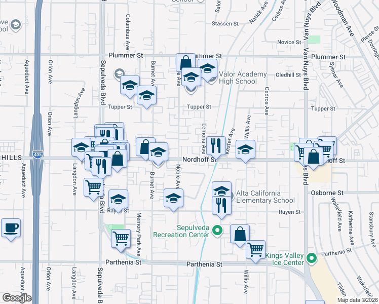 map of restaurants, bars, coffee shops, grocery stores, and more near 15035 Nordhoff Street in Los Angeles