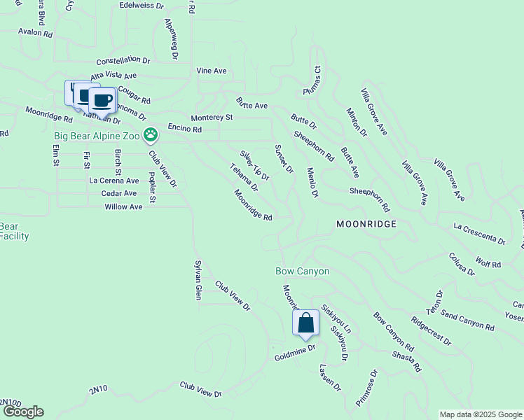 map of restaurants, bars, coffee shops, grocery stores, and more near 43098 Moonridge Road in Big Bear Lake