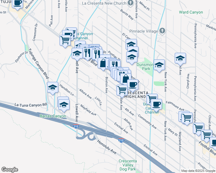 map of restaurants, bars, coffee shops, grocery stores, and more near 4428 Boston Avenue in Glendale