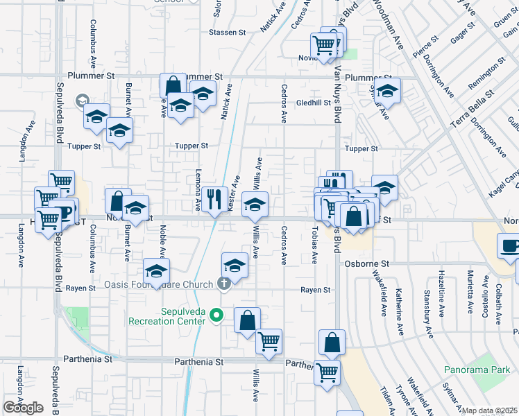 map of restaurants, bars, coffee shops, grocery stores, and more near 14800 Nordhoff Street in Los Angeles