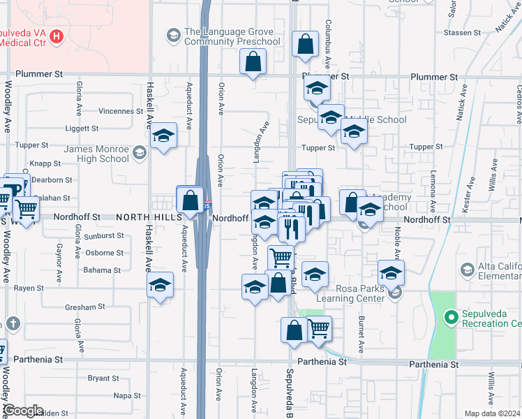 map of restaurants, bars, coffee shops, grocery stores, and more near 15505 Nordhoff Street in Los Angeles