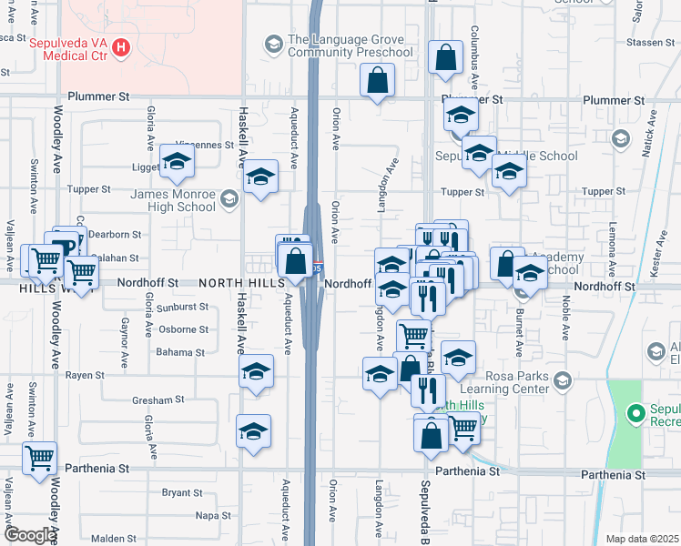 map of restaurants, bars, coffee shops, grocery stores, and more near 15555 Nordhoff Street in Los Angeles