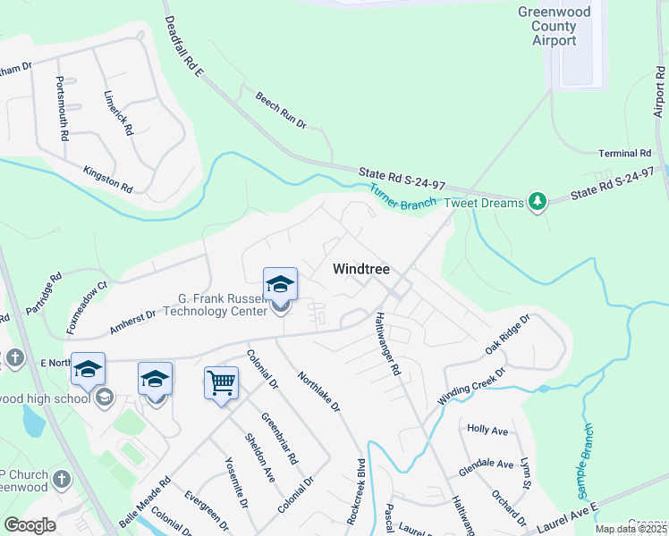 map of restaurants, bars, coffee shops, grocery stores, and more near 113 Windtree Court in Greenwood