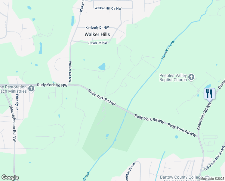 map of restaurants, bars, coffee shops, grocery stores, and more near 41 Old Rudy York Road Northwest in Cartersville