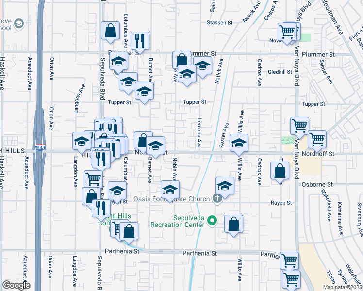 map of restaurants, bars, coffee shops, grocery stores, and more near 15045 Nordhoff Street in Los Angeles