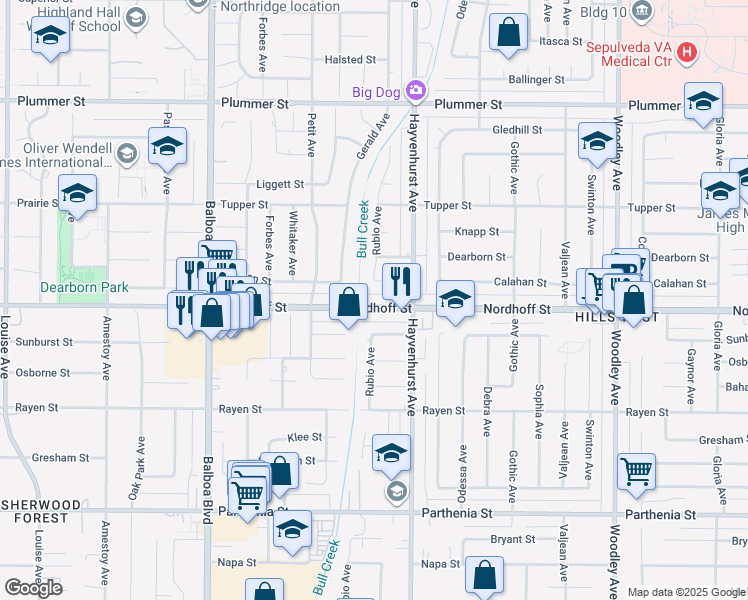map of restaurants, bars, coffee shops, grocery stores, and more near 16645 Nordhoff Street in Los Angeles