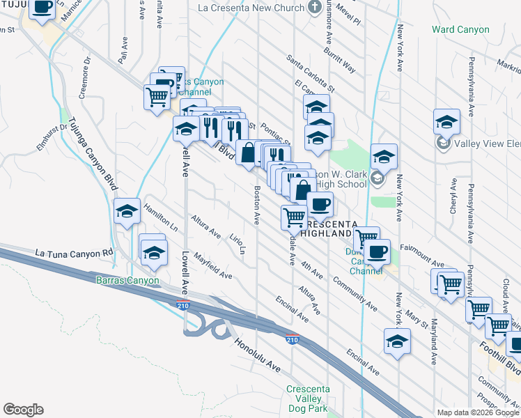 map of restaurants, bars, coffee shops, grocery stores, and more near 4428 Boston Avenue in Glendale