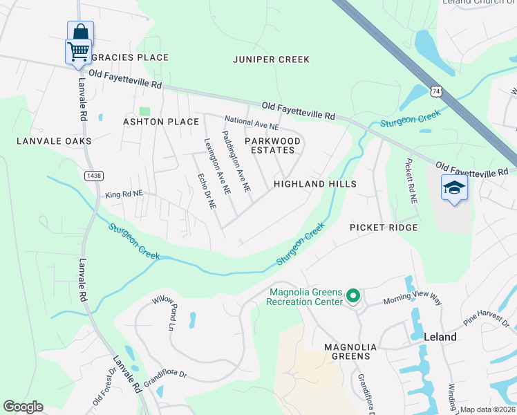 map of restaurants, bars, coffee shops, grocery stores, and more near 9081 National Ave NE in Leland