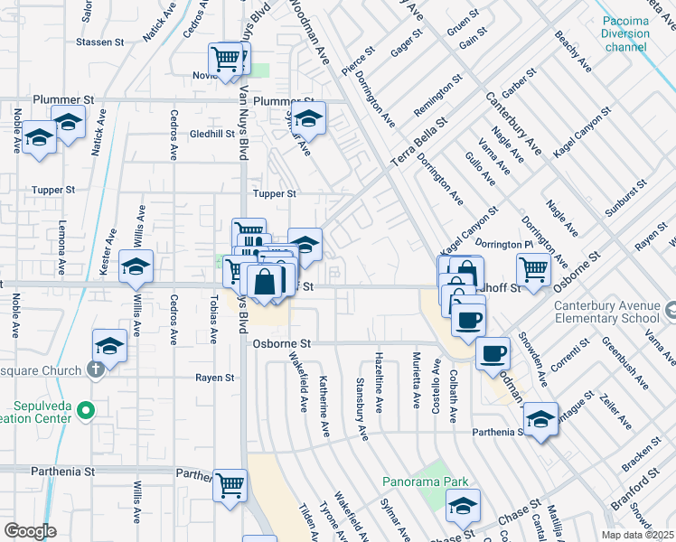map of restaurants, bars, coffee shops, grocery stores, and more near 14383 Nordhoff Street in Los Angeles