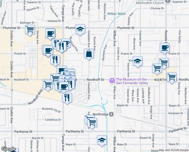 map of restaurants, bars, coffee shops, grocery stores, and more near 19039 Nordhoff Street in Northridge