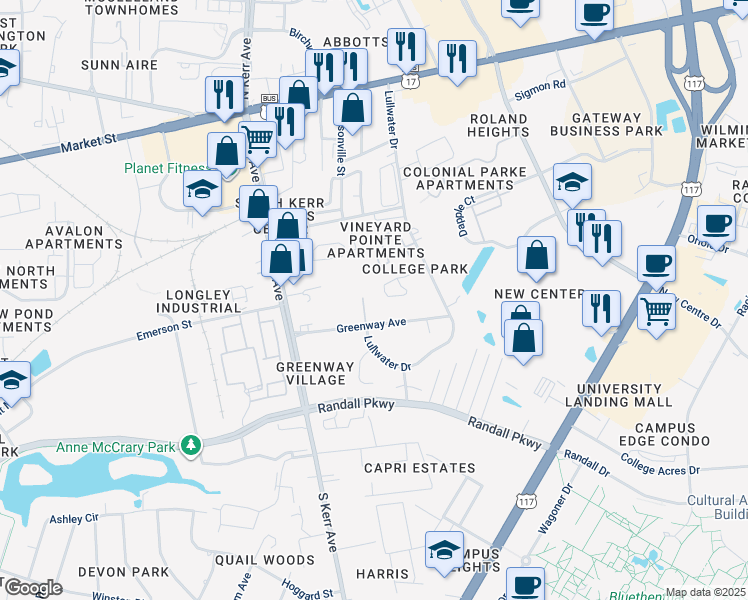 map of restaurants, bars, coffee shops, grocery stores, and more near 218 Cedar Branch Lane in Wilmington