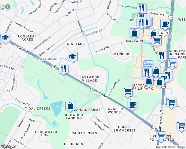map of restaurants, bars, coffee shops, grocery stores, and more near 1210 Bayside Circle West in Wilmington