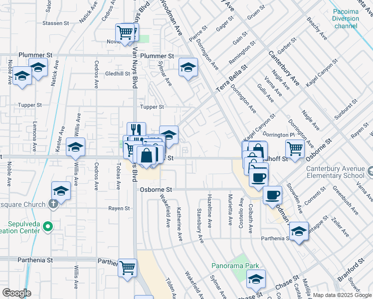 map of restaurants, bars, coffee shops, grocery stores, and more near 14383 Nordhoff Street in Los Angeles