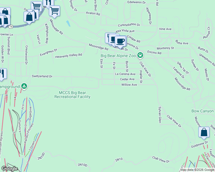 map of restaurants, bars, coffee shops, grocery stores, and more near 42551 Willow Avenue in Big Bear Lake