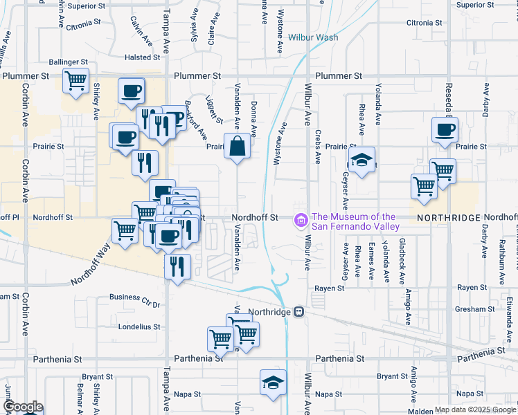map of restaurants, bars, coffee shops, grocery stores, and more near 19029 Nordhoff Street in Los Angeles