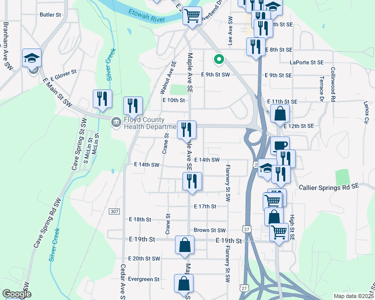 map of restaurants, bars, coffee shops, grocery stores, and more near 1313 Maple Avenue Southwest in Rome