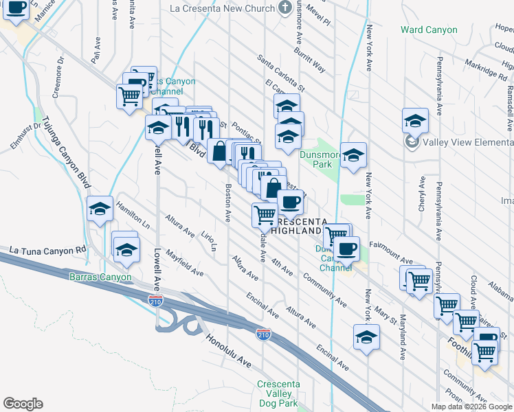 map of restaurants, bars, coffee shops, grocery stores, and more near 3713 1st Avenue in Glendale